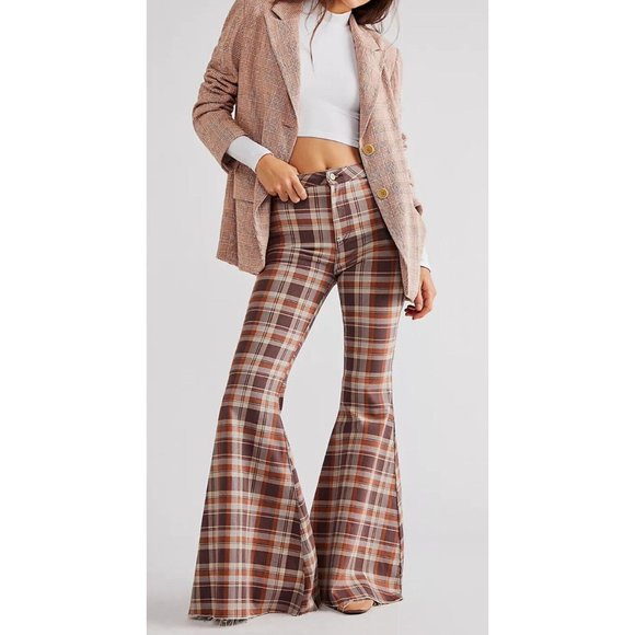 Free People Denim - Free People We The Free Just Float on Brown Plaid Bell Bottom Extreme Flare Jean
